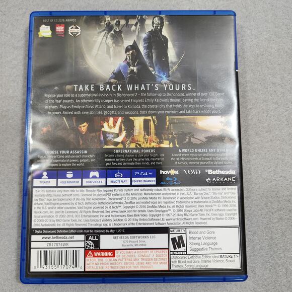 Dishonored 2 Limited Edition (Sony PlayStation PS4 2016) Video Game - Untested - Picture 4 of 4